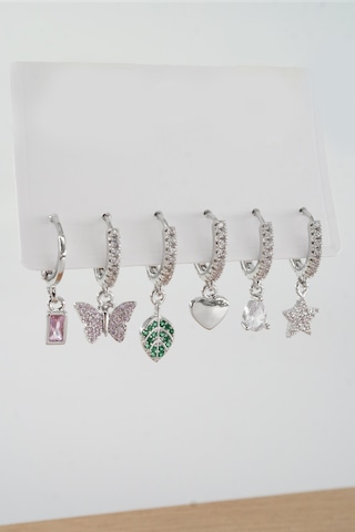 By Zeyna Aksesuar Kadın Vip Seri Zirkon Taşlı Karışık Figürlü 6'lı Küpe Zrk00577 - Gümüş