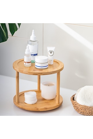 Porsima 76073 Bambu Döner Standlı Sunumluk Makyaj Organizeri Ahşap 2 Katlı Düzenleyici Baharatlık Standı