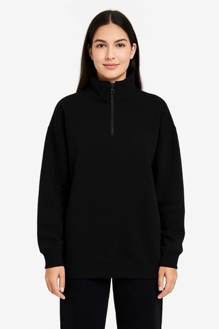 Kadın 3 İplik Pamuklu Dık Yaka Yarım Fermuarlı Sweatshirt - Siyah