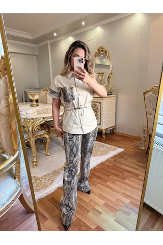İlayla Tasarım Desenli İkili Takım Bej