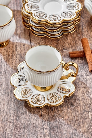 Cooker 220 Ml 6'lı Şık Tasarım Altın Yaldızlı Porselen Çay Fincan Takımı - Şık Kutulu Hediyelik Diğer