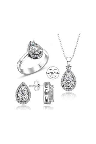Sertifikalı Swarovski Damla Taşlı Tek Taş 925 Gümüş Set