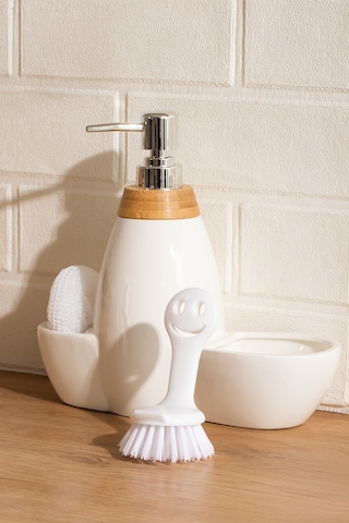 Porsima 5310825 Tezgah Üstü Beyaz Sıvı Sabunluk Fırçalı Süngerli Porselen Sabunluk 700ml 28cm