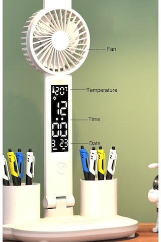 Maoyaya Fanlı Çift Kafa Led Masa Lambası, Dokunmatik Kontrol, Saat Ve Kalem Tutuculu Diğer