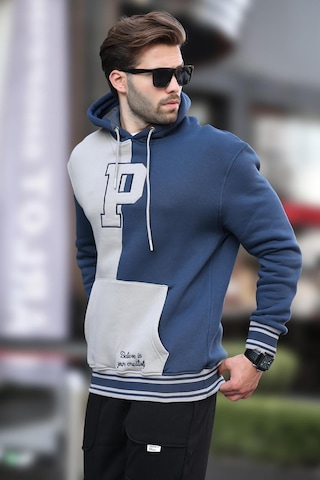 Madmext Lacivert Renk Bloklu Kapüşonlu Baskılı Erkek Sweatshirt 7078 Lacivert