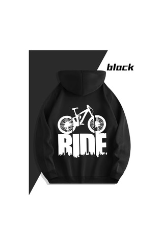 Nevermınd Sevgili Çift Kombin Hoodie 2'li Set Ride Baskılı Unisex Oversize 3 İplik Kapüşonlu Siyah Siyah