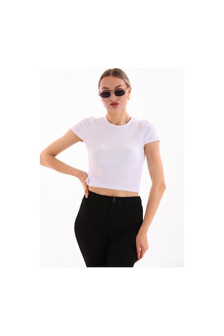 Kadın Likralı Kısa Kol Crop Bluz BEYAZ