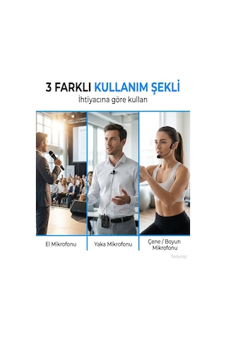 Buradabulabilirsin Uhf Kablosuz Mikrofon Seti El Yaka Ve Boyun Mikrofonlu 6.5mm Alıcılı 3.5mm Çeviricili Profesyonel Bbz