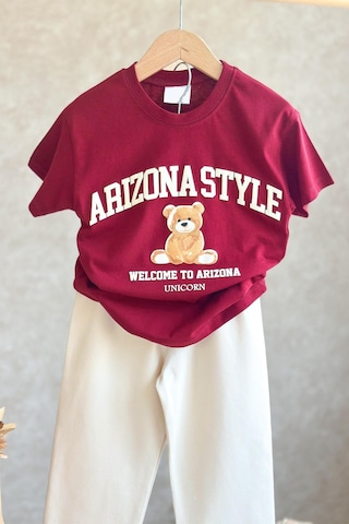 Monila Kız Çocuk Pamuklu Ayıcık Baskılı Bordo T-shirt Ve Ekru Eşofman 2'li Takım Ekru/bordo