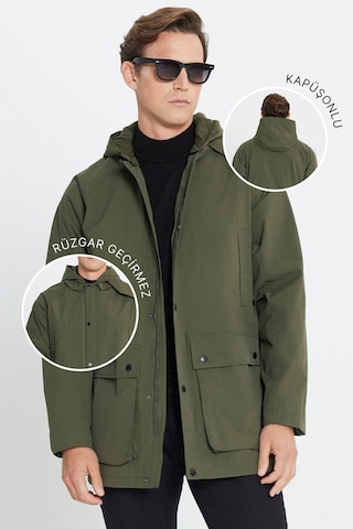 Ac&Co / Altınyıldız Classics Erkek Hakı Kapüşonlu Dik Yaka Standart Fit Kaban Haki