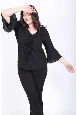 Myline Kadın Önü Fırfırlı Kolları Volanlı Bluz 45441 Siyah