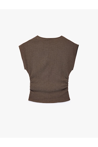 Koton Bürümcük Kumaş Dokulu Slim Fit Drapeli Kap Kol Bisiklet Yaka Tişört Kahverengi 7wak50009ek Kahve