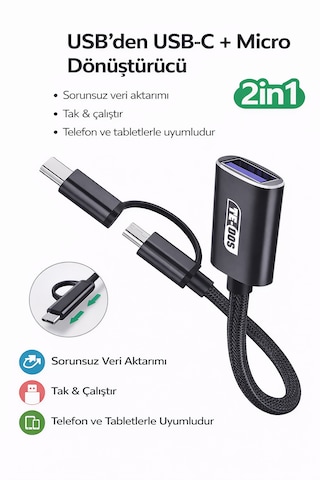 Type-c + Micro Usb 2 Si 1 Arada Otg Kablo Usb 3.0 Tak & Çalıştır 1 Adet