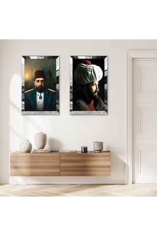 Gümüş Aynalı Pleksi Çerçeveli Fatih Sultan Mehmet Ve Padişah Abdülhamid İkili Mdf Tablo Seti