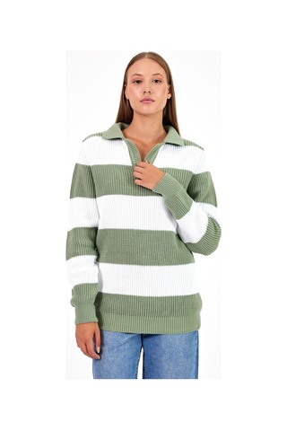 Cool Tarz Kadın Çizgili Şeritli Comfort V Polo Yaka Triko Su Yeşili SU YEŞİLİ
