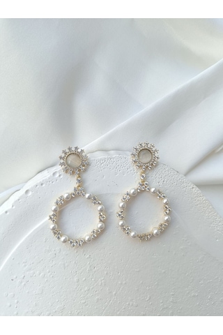 İncili Taşlı Sarkıt Küpe Altın