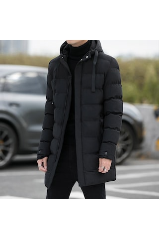 Orta Kalınlık Kışlık Rahat Ve Hafif Pamuklu Kapüşonlu Moda Erkek Mont Siyah