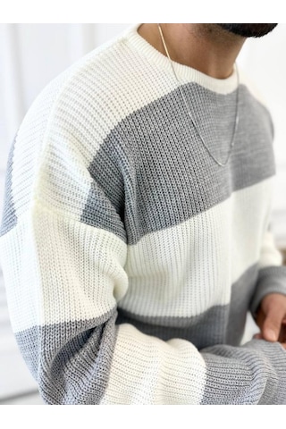Kazak Oversize Tüylenmez Naturel Pamuk Örme Triko Kazak Gri