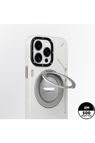 Apple Uyumlu iPhone 15 Pro Max Kılıf Magsafe Özellikli 360 Standlı Deri Desenli Youngkit Tech Leather Serisi Gri