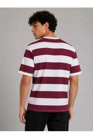 Novalisse Erkek Çizgili Oversize Tişört Bisiklet Yaka Kısa Kol Yazlık T-shirt - Bordo Çoklu Renk