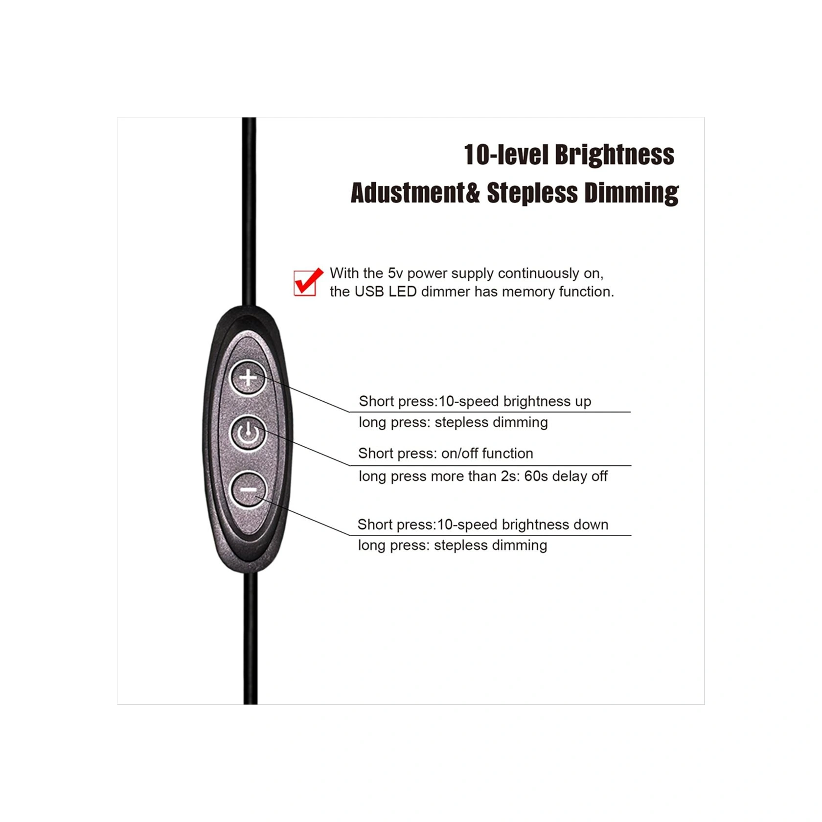 Xurunkeji 5v Usb Led Kısma Anahtarı, 10 Hızlı Kısma, Dişi - Erkek, 5v Tek Renkli Led Işıklar İçin 2'li Paket Usb Güç Kaynaklı Kısma Anahtarı Siyah