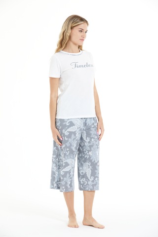 Lılac Kadın Çiçek Desenli %100 Viscon Capri Pijama Takımı AÇIK GRİ