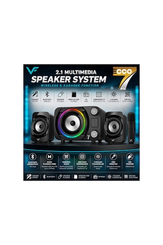 Ecco7 Btu Rgb Led Işıklı 2+1 Ses Sistemi Bluetooth Hoparlör Fm Radyolu Karaoke Mikrofonlu Speaker Tv Pc Bilgisayar Uyumlu 50w 2.1 Kanal Hafıza Kartı Ve Usb Girişli Subwoofer
