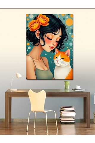 Kanvas Tablo Kedi Ve Şefkatli Kadın 100cmx140cm
