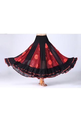Sones Pullu Çiçek Salıncak Modern Dans Eteği Siyah Çiçek+kırmızı Siyah - Kırmızı