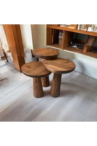 Simillo Wood Wooden Ahşap 3 Lü Set Fitilli Mantar Yan Sehpa Modern Ceviz Renk Fisko Kod:15948405111 Ceviz