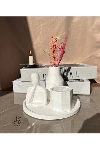 Dekoratif İnsan Figürlü Vazo Ve Mum Set 17-17 Cm