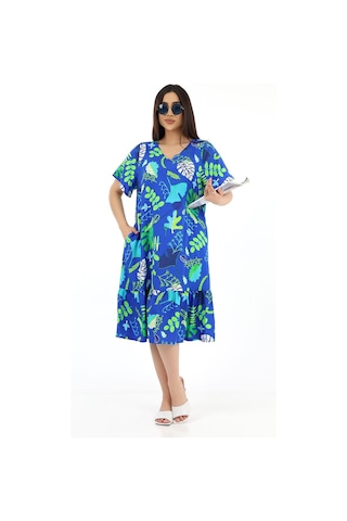 Schık Kadın Viskon Yarım Kol V Yaka Cepli Fırfırlı Elbise Kırmızı Saks