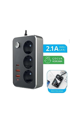 3lü Priz 2500 Watt Akım Korumalı 2m Uzatma Kablosu 2xusb 1xtype-c Diğer