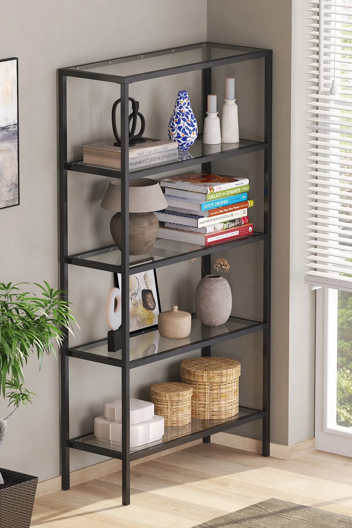 Modern 5 Katlı Metal İskeletli Cam Raflı Aksesuar Rafı Kitaplık Siyah-şeffaf