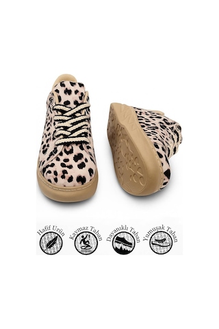 Günlük Kadın Sneaker Leopar Desenli Bağcıklı Oval Burun Yüksek Kalın Topuklu Spor Ayakkabı 313 Açık Leopar
