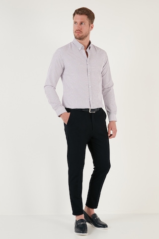 Buratti Desenli Pamuk Karışımlı Düğmeli Yaka Uzun Kollu Slim Fit Erkek Gömlek Cf23S7496 Lacivert-Kırmızı