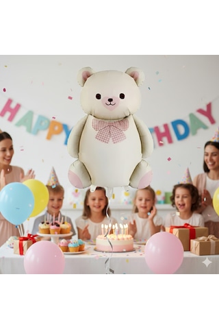 56,5x90 Cm Papyonlu Ayıcık Krem Folyo Balon - Doğum Günü Parti Dekorasyon Balonu Çok Renkli