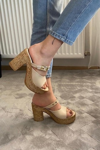 Asmi Shoes Kadın Tena Mantar Taban Platform Topuklu Terlik 10 Cm Snd456 Bej Bej
