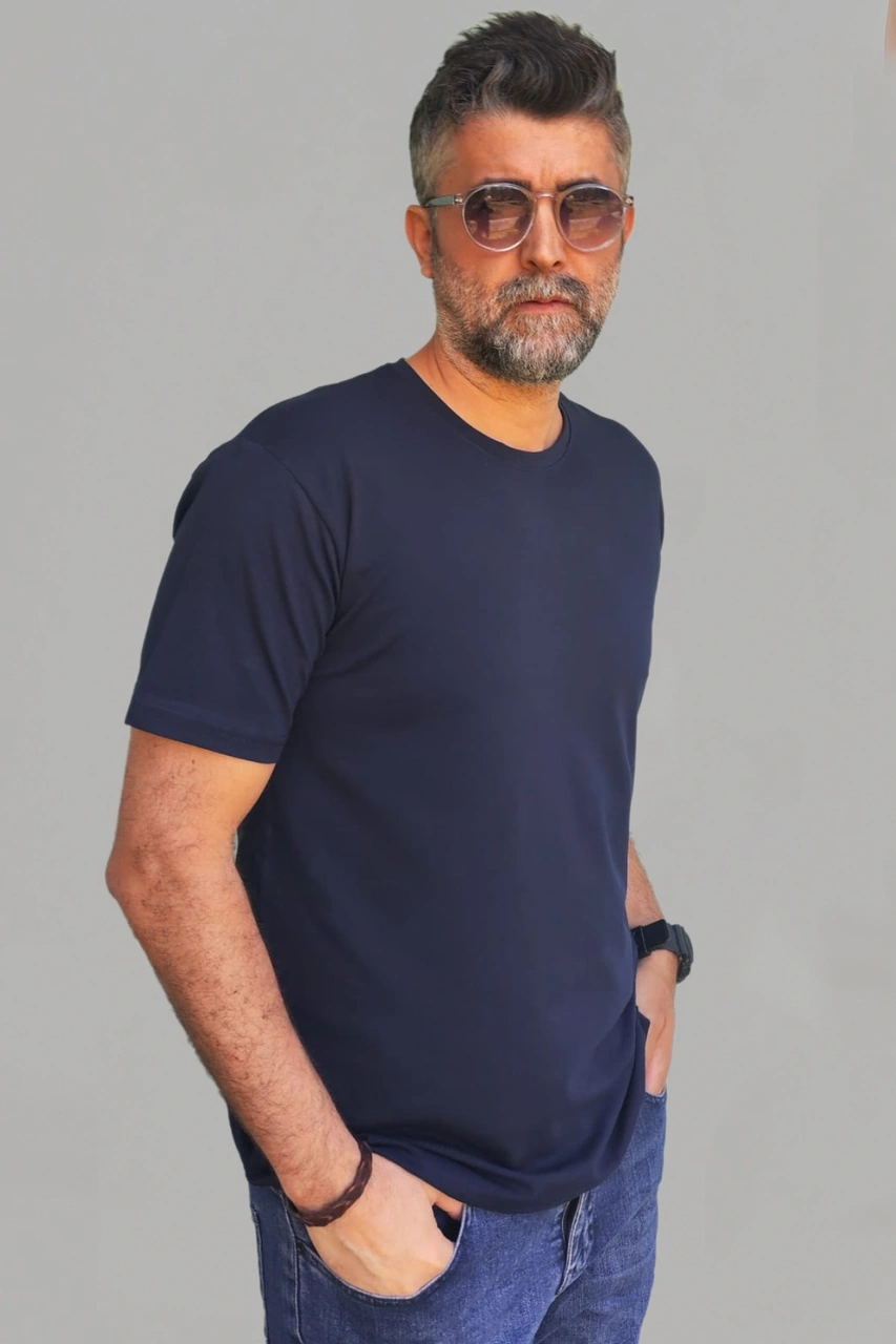 Erkek Lacivert Slim Fit Bisiklet Yaka Pamuk Elastan Basic Tişört Vk-erkektişört-tekli Lacivert