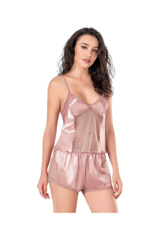 3dsepetim Koyu Pudra Saten Babydoll Şort Takımı Pudra
