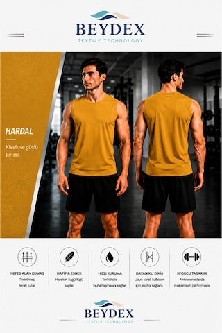 Beydex Erkek Nem Emici Hızlı Kuruma Atletik Teknik Sporcu Sıfır Kol T-shirt Gym Sarı