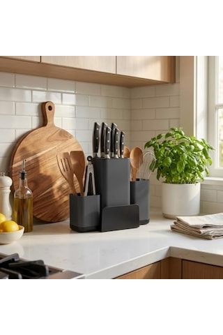 Antrasit Bıçak Organizeri Ve Mutfak Gereçleri Düzenleyici Çok Bölmeli, Kaymaz Tabanlı, Geniş Kapasiteli Bıçaklık Ahşap Ve Metal Kaşık, Çırpıcı, Spatula Saklama Standı -