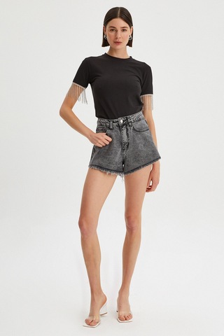 Kadın Kolları Zincir Detaylı Basic T-shirt Siyah