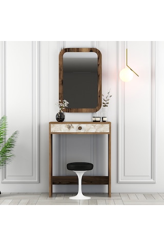 Lizbon Mini Makyaj Masası Aynalı - Ceviz / Beyaz Mermer