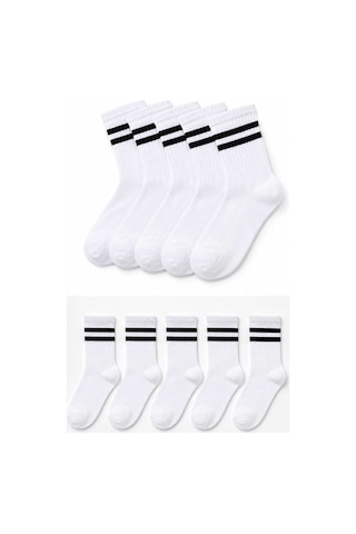 Tenra Ace 5 Li Kadın Çizgili Tenis Çorabı - Spor Soket Çorap Beyaz
