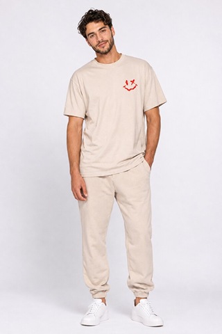 Nevermind Sevgili Kombini Smiley Baskılı Çift Tişört Oversize Unisex %100 P Bej