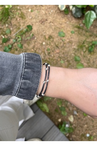 Kazzaze Gümüş Dorika Boncuklu Gümüş Kazaziye İki Zincirli Siyah Bileklik BIL082SI