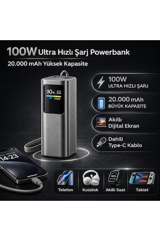 100w Ultra Hızlı Şarj Powerbank 20000 Mah Pd 3.0 Tft Ekranlı Dahili Type-c Kablolu Gri