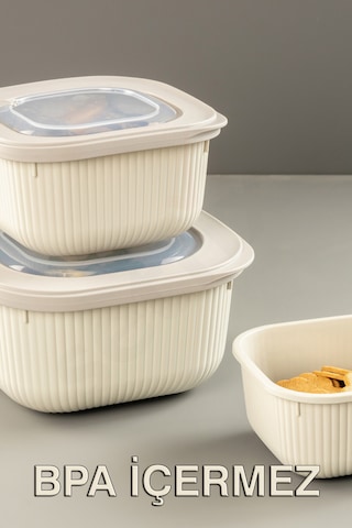Micro Line Kare Saklama Kabı 600, 1100, 1800 Ml Üçlü Set Bej