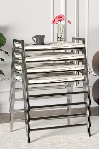 Zigon Sehpa , Aden 4'lü Tepsi Zigon Sehpa Takımı Gümüş Metal - Beyaz Mermer Tabla Gümüş-beyaz Mermer